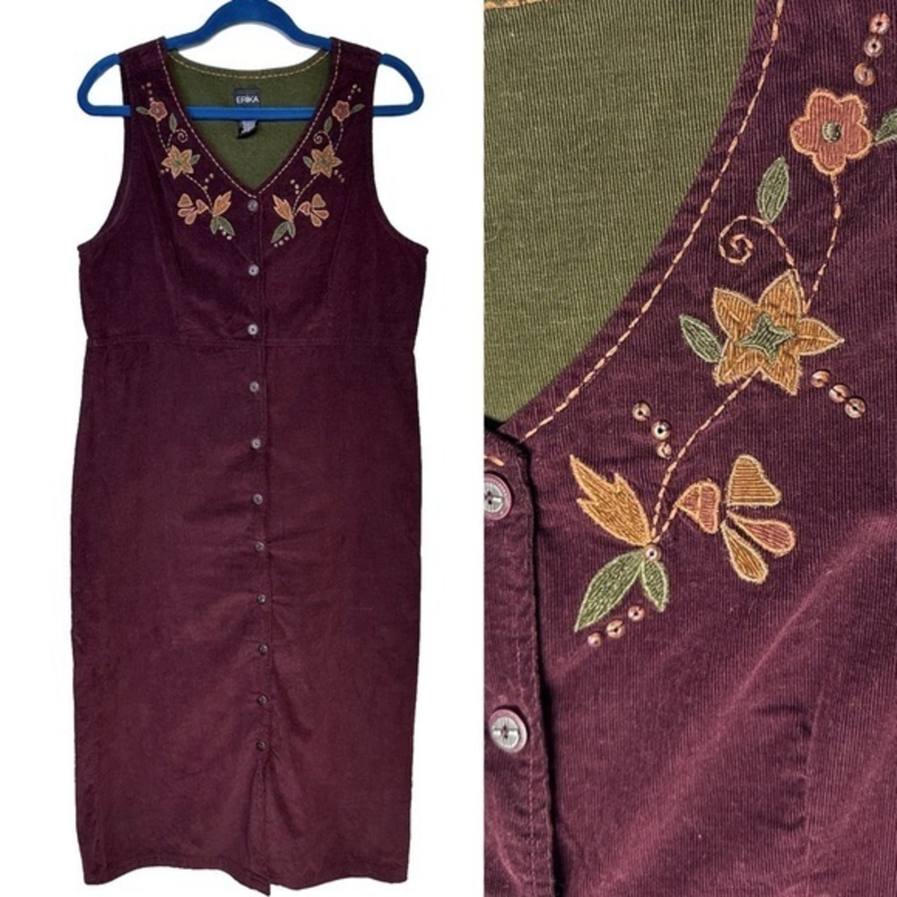 Vtg Corduroy Wine Sleeveless Button Maxi Dress M Jumper Overall Western Cottage